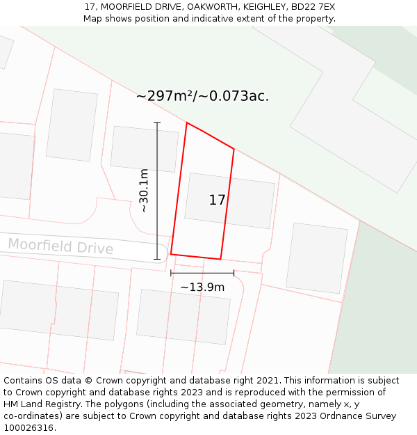 17, MOORFIELD DRIVE, OAKWORTH, KEIGHLEY, BD22 7EX: Plot and title map