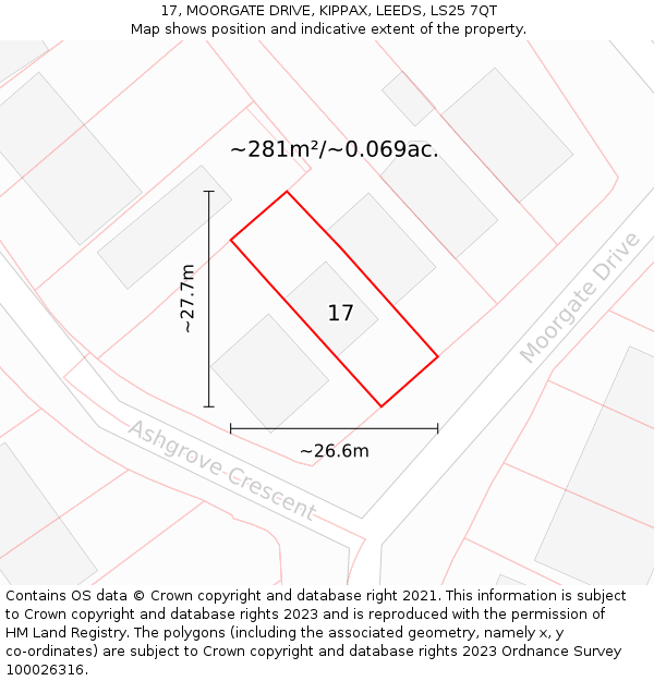 17, MOORGATE DRIVE, KIPPAX, LEEDS, LS25 7QT: Plot and title map