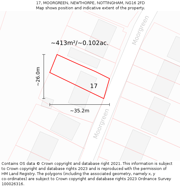 17, MOORGREEN, NEWTHORPE, NOTTINGHAM, NG16 2FD: Plot and title map