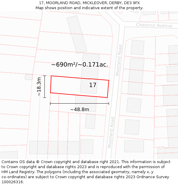 17, MOORLAND ROAD, MICKLEOVER, DERBY, DE3 9FX: Plot and title map