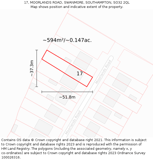 17, MOORLANDS ROAD, SWANMORE, SOUTHAMPTON, SO32 2QL: Plot and title map