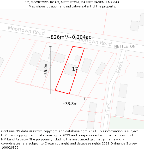 17, MOORTOWN ROAD, NETTLETON, MARKET RASEN, LN7 6AA: Plot and title map