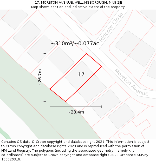 17, MORETON AVENUE, WELLINGBOROUGH, NN8 2JE: Plot and title map