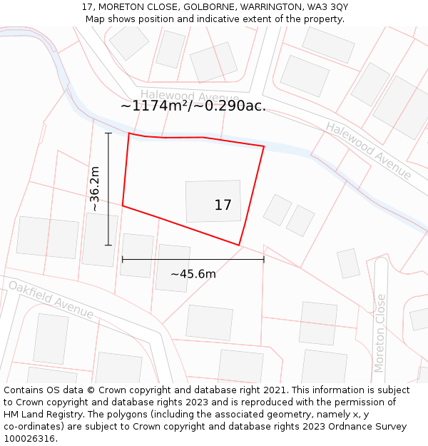 17, MORETON CLOSE, GOLBORNE, WARRINGTON, WA3 3QY: Plot and title map