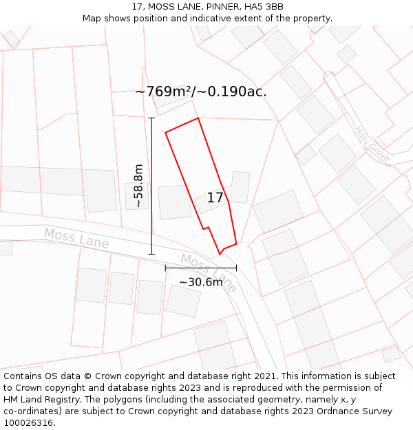 17, MOSS LANE, PINNER, HA5 3BB: Plot and title map