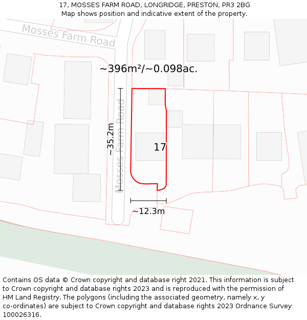 17, MOSSES FARM ROAD, LONGRIDGE, PRESTON, PR3 2BG: Plot and title map