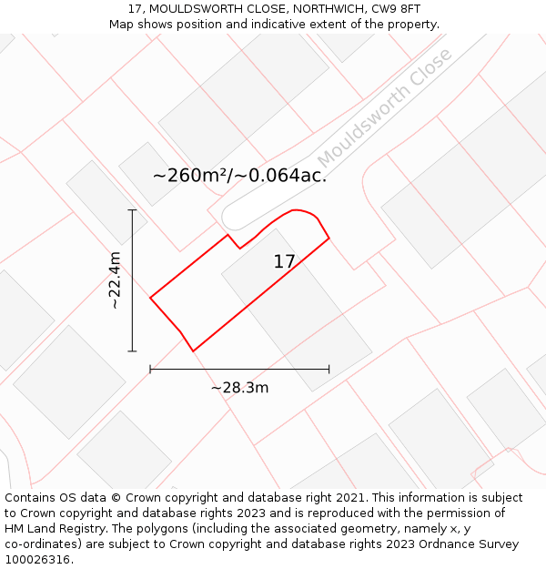 17, MOULDSWORTH CLOSE, NORTHWICH, CW9 8FT: Plot and title map