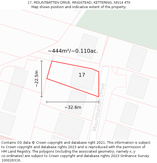 17, MOUNTBATTEN DRIVE, RINGSTEAD, KETTERING, NN14 4TX: Plot and title map