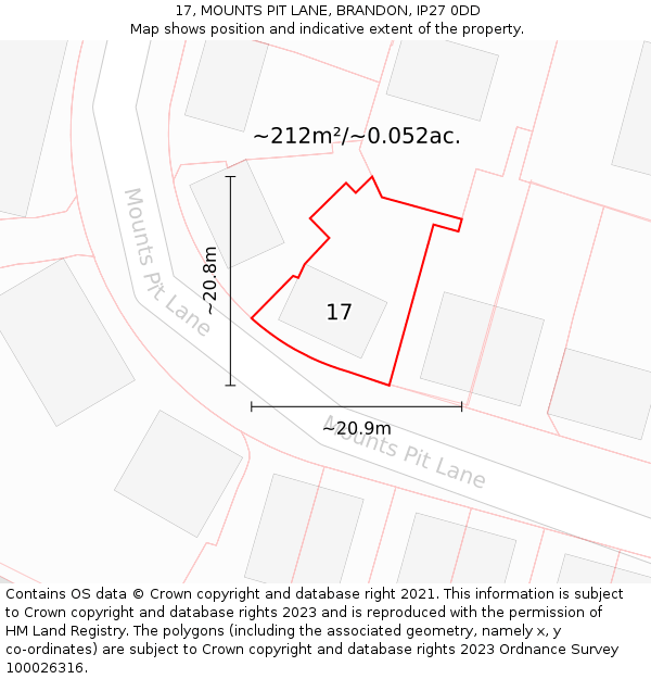 17, MOUNTS PIT LANE, BRANDON, IP27 0DD: Plot and title map
