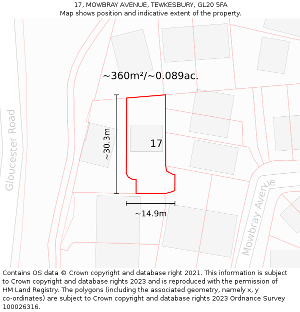 17, MOWBRAY AVENUE, TEWKESBURY, GL20 5FA: Plot and title map