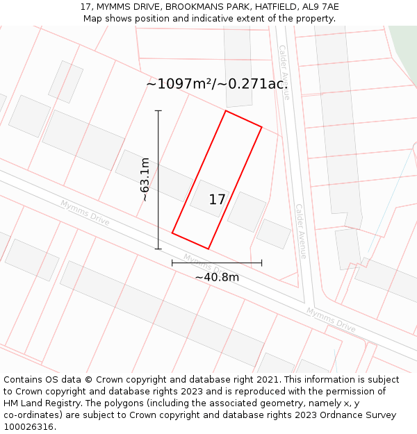 17, MYMMS DRIVE, BROOKMANS PARK, HATFIELD, AL9 7AE: Plot and title map