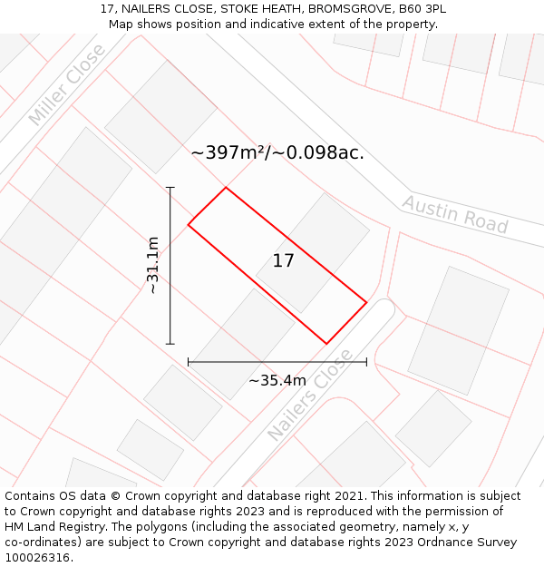 17, NAILERS CLOSE, STOKE HEATH, BROMSGROVE, B60 3PL: Plot and title map