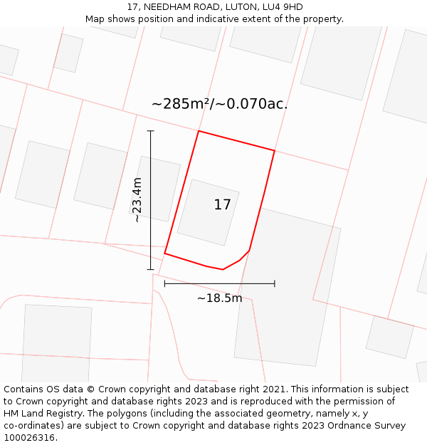 17, NEEDHAM ROAD, LUTON, LU4 9HD: Plot and title map