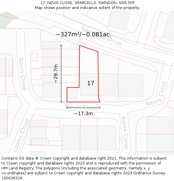 17, NEVIS CLOSE, SPARCELLS, SWINDON, SN5 5FP: Plot and title map
