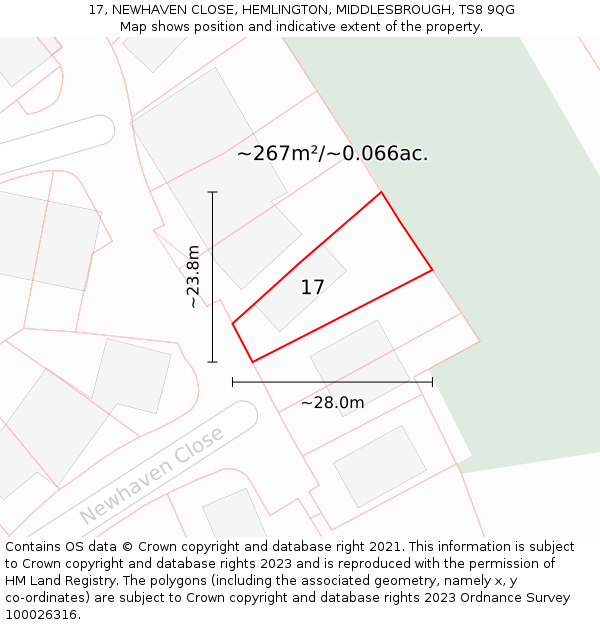 17, NEWHAVEN CLOSE, HEMLINGTON, MIDDLESBROUGH, TS8 9QG: Plot and title map