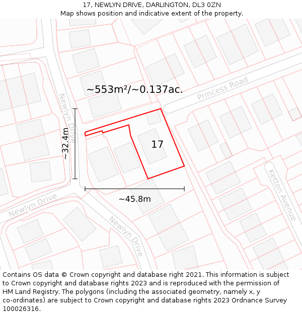 17, NEWLYN DRIVE, DARLINGTON, DL3 0ZN: Plot and title map