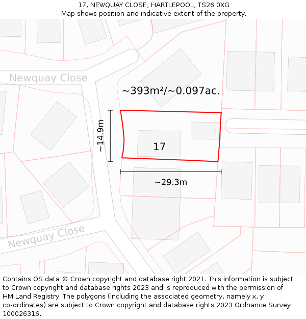 17, NEWQUAY CLOSE, HARTLEPOOL, TS26 0XG: Plot and title map