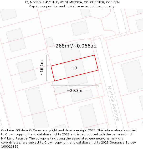 17, NORFOLK AVENUE, WEST MERSEA, COLCHESTER, CO5 8EN: Plot and title map