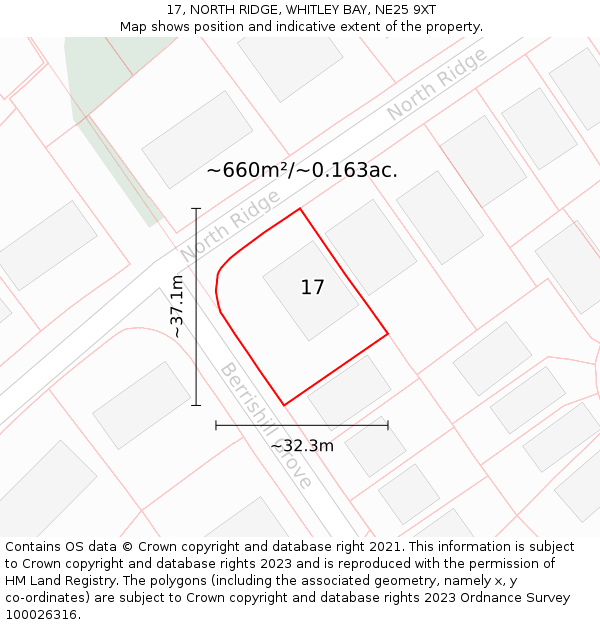 17, NORTH RIDGE, WHITLEY BAY, NE25 9XT: Plot and title map
