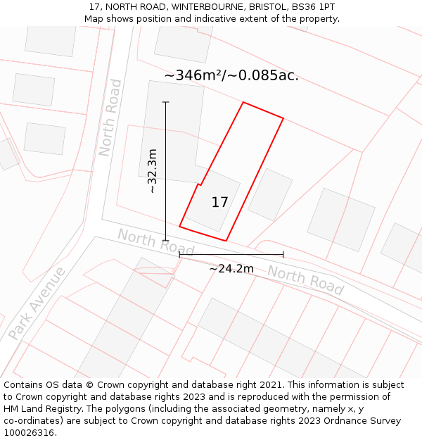 17, NORTH ROAD, WINTERBOURNE, BRISTOL, BS36 1PT: Plot and title map
