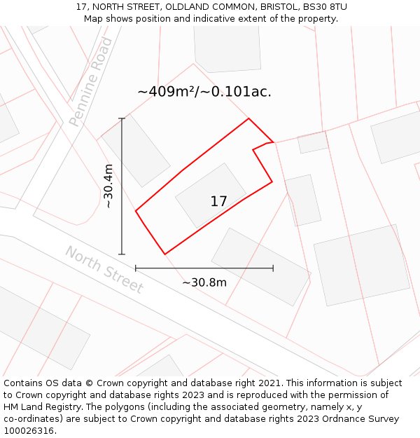 17, NORTH STREET, OLDLAND COMMON, BRISTOL, BS30 8TU: Plot and title map
