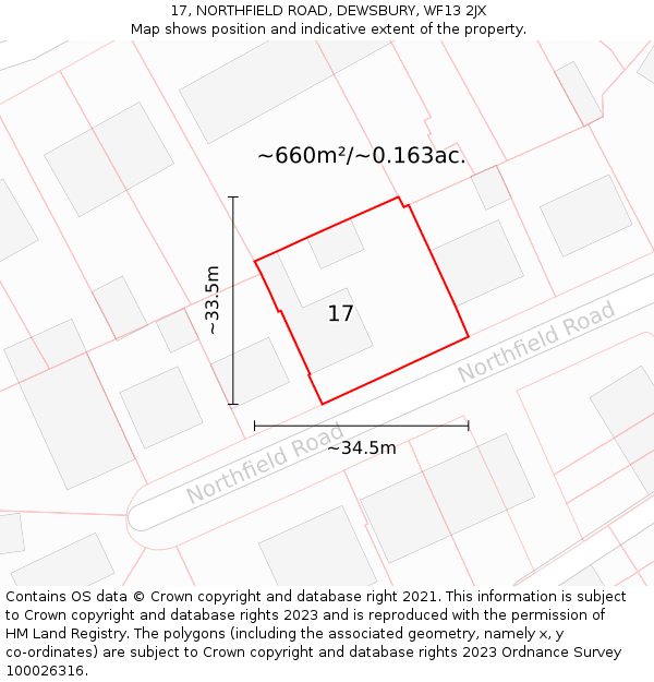 17, NORTHFIELD ROAD, DEWSBURY, WF13 2JX: Plot and title map