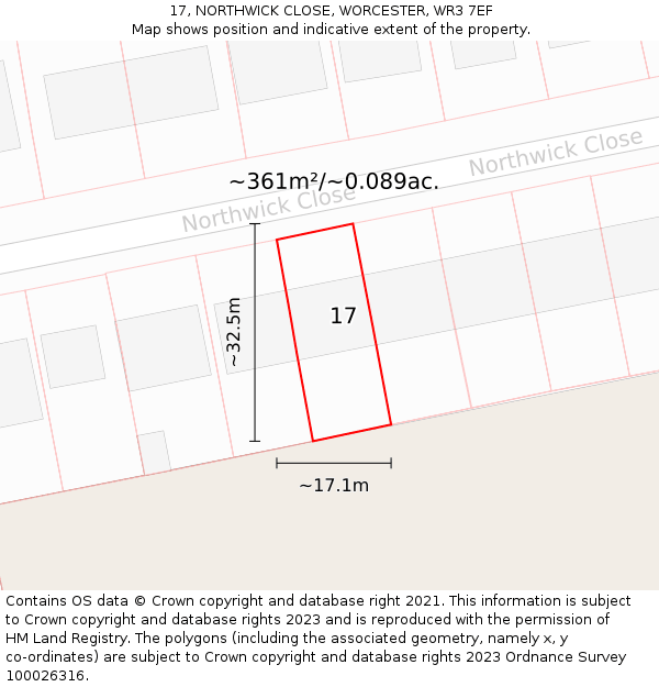 17, NORTHWICK CLOSE, WORCESTER, WR3 7EF: Plot and title map