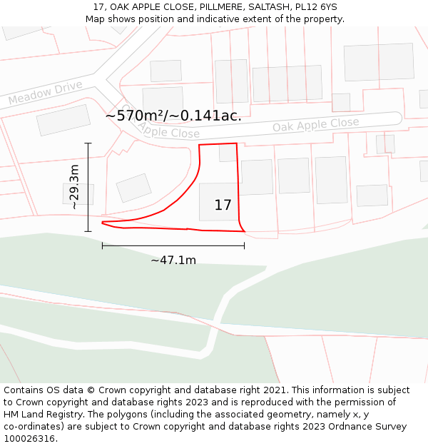 17, OAK APPLE CLOSE, PILLMERE, SALTASH, PL12 6YS: Plot and title map