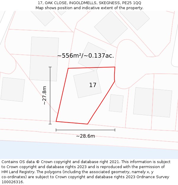 17, OAK CLOSE, INGOLDMELLS, SKEGNESS, PE25 1QQ: Plot and title map