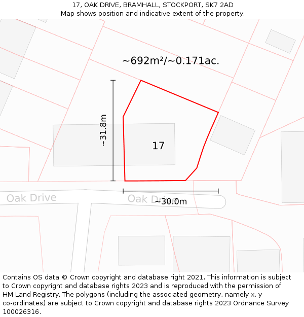 17, OAK DRIVE, BRAMHALL, STOCKPORT, SK7 2AD: Plot and title map