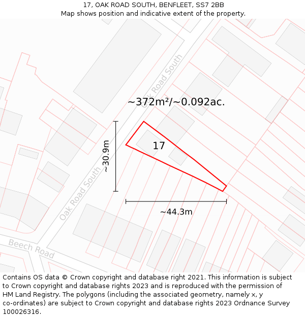 17, OAK ROAD SOUTH, BENFLEET, SS7 2BB: Plot and title map
