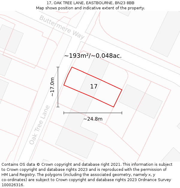 17, OAK TREE LANE, EASTBOURNE, BN23 8BB: Plot and title map