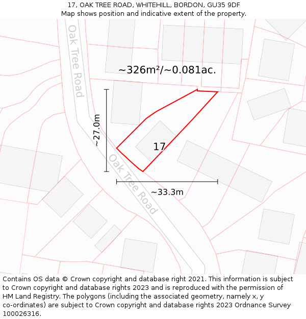 17, OAK TREE ROAD, WHITEHILL, BORDON, GU35 9DF: Plot and title map
