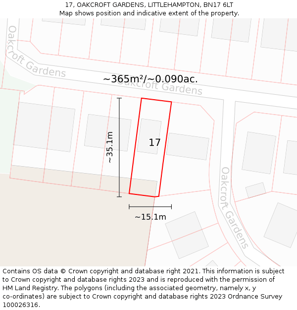17, OAKCROFT GARDENS, LITTLEHAMPTON, BN17 6LT: Plot and title map