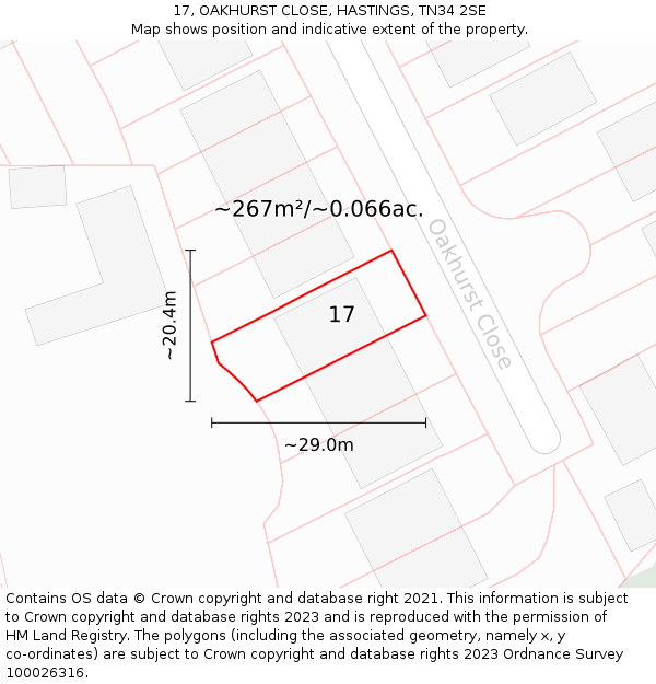 17, OAKHURST CLOSE, HASTINGS, TN34 2SE: Plot and title map