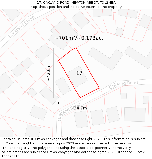17, OAKLAND ROAD, NEWTON ABBOT, TQ12 4EA: Plot and title map