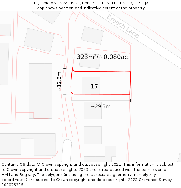 17, OAKLANDS AVENUE, EARL SHILTON, LEICESTER, LE9 7JX: Plot and title map