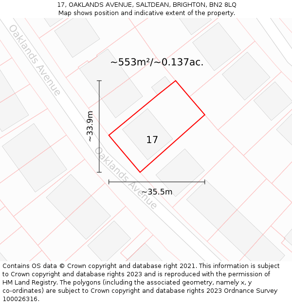 17, OAKLANDS AVENUE, SALTDEAN, BRIGHTON, BN2 8LQ: Plot and title map