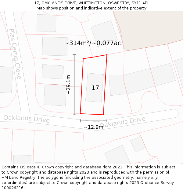 17, OAKLANDS DRIVE, WHITTINGTON, OSWESTRY, SY11 4PL: Plot and title map