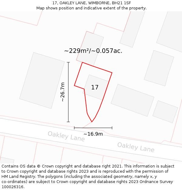 17, OAKLEY LANE, WIMBORNE, BH21 1SF: Plot and title map