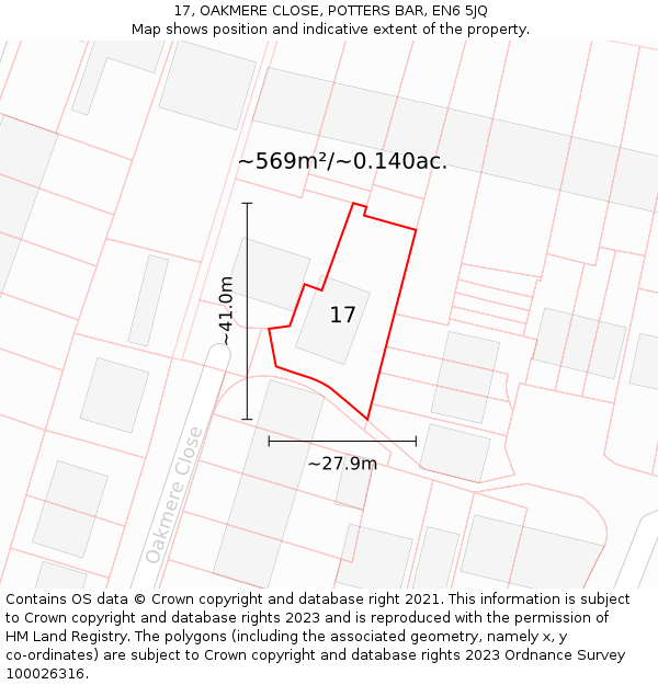 17, OAKMERE CLOSE, POTTERS BAR, EN6 5JQ: Plot and title map