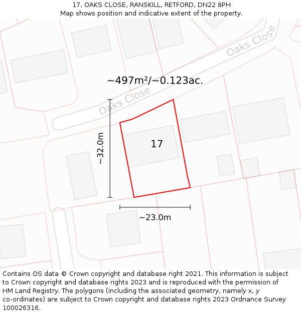 17, OAKS CLOSE, RANSKILL, RETFORD, DN22 8PH: Plot and title map