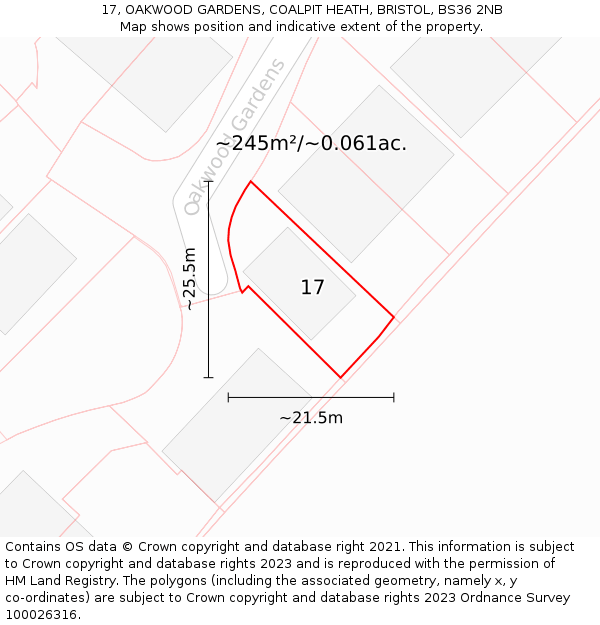 17, OAKWOOD GARDENS, COALPIT HEATH, BRISTOL, BS36 2NB: Plot and title map