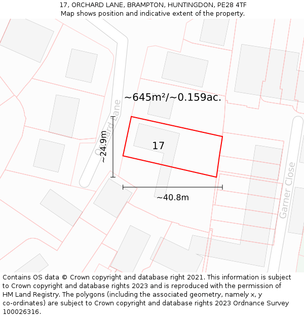 17, ORCHARD LANE, BRAMPTON, HUNTINGDON, PE28 4TF: Plot and title map