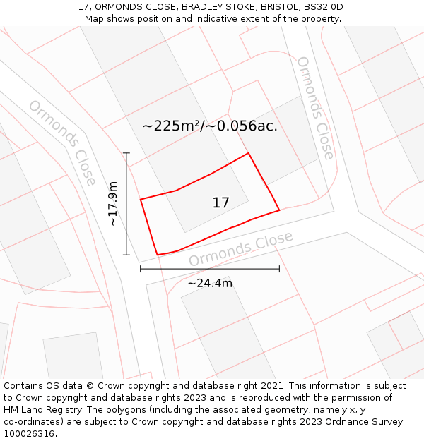 17, ORMONDS CLOSE, BRADLEY STOKE, BRISTOL, BS32 0DT: Plot and title map