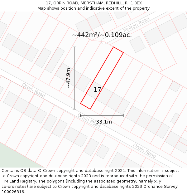 17, ORPIN ROAD, MERSTHAM, REDHILL, RH1 3EX: Plot and title map