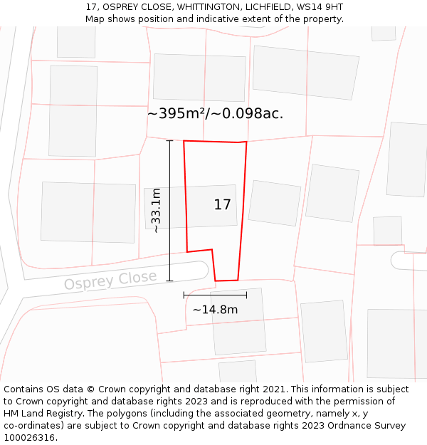 17, OSPREY CLOSE, WHITTINGTON, LICHFIELD, WS14 9HT: Plot and title map
