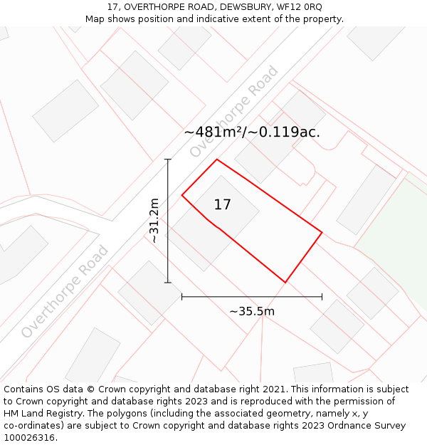17, OVERTHORPE ROAD, DEWSBURY, WF12 0RQ: Plot and title map
