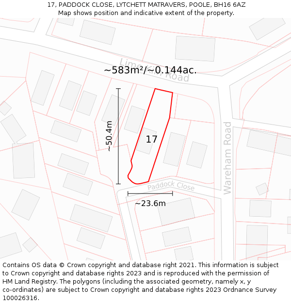 17, PADDOCK CLOSE, LYTCHETT MATRAVERS, POOLE, BH16 6AZ: Plot and title map
