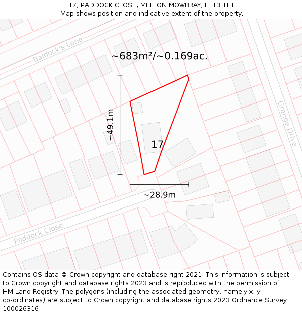 17, PADDOCK CLOSE, MELTON MOWBRAY, LE13 1HF: Plot and title map